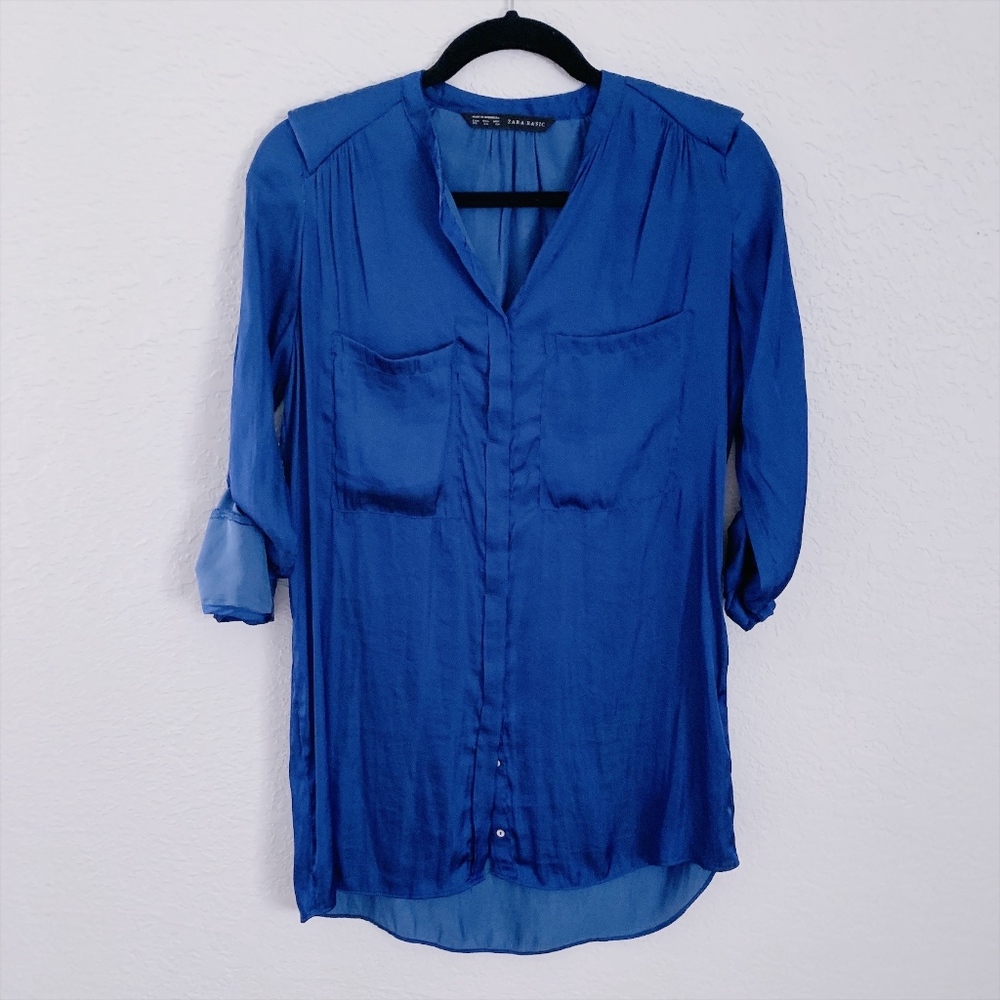 ❗3/$20 ZARA Silky Cobalt Blue Button Down Blouse